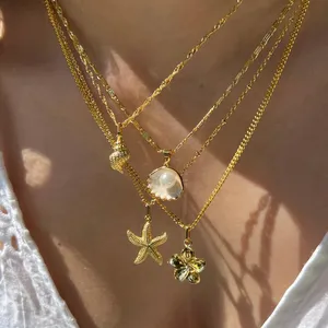 Kalung bunga Hibiscus, Kalung cangkang bintang laut, kalung titanium ringan retro elegan ins angin Perancis