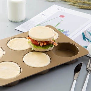 6 Cavity Muffin Pan With Lid Hamburger Bun Mold Round Carbon Steel Gold Dishwasher Safe Baking Pan For Home Use - Product Image 3