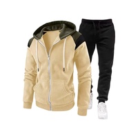 Ensemble survêtement homme : sweat à capuche zippé et pantalon de jogging, couleur crème olive, 100 % coton tricoté, décontracté pour l'automne