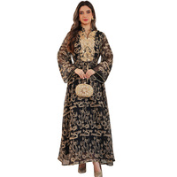 Robe longue musulmane de luxe vert noir or à broderies en spirale en mousseline de soie, col en V, manches évasées, ceinture, tenue modeste, Dubaï 2026