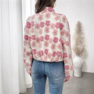 女性用甘いふわふわジャカード花柄ジャケットエレガントスタンド襟ジッパーレディース2025秋冬カジュアルアウターウェア - Product Image 3