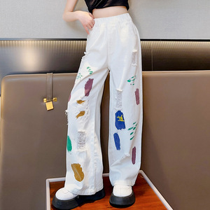 <span class=keywords><strong>Pantaloni</strong></span> Jeans <span class=keywords><strong>bianchi</strong></span> Casual estivi da ragazza comodi stili lunghi per abbigliamento per bambini primavera ed estate - Product Image 6