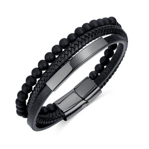 Personalized Gold Plated Simple Multi Layer Leather Woven <b>Stainless</b> <b>Steel</b> Bar Men's Bracelet - Product Image 3