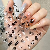 Lot de 12 autocollants 3D Saint-Valentin Cœur Noir et Blanc, Nœud, Lettre, Rose pour Ongles – Décorations Manucure DIY