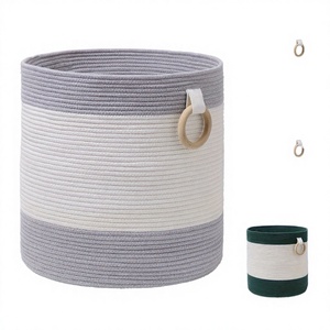 Nuohui <b>Foldable</b> Fabric Cotton Rope Toys Clothes Storage Durable Strong Woven <b>Laundry</b> <b>Basket</b> with Wooden Handle - Product Image 2