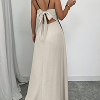 Robe longue pour femme, style chinois, tissée, décontractée, col mandarin, en polyester, fines bretelles, dos nu, color block, printemps