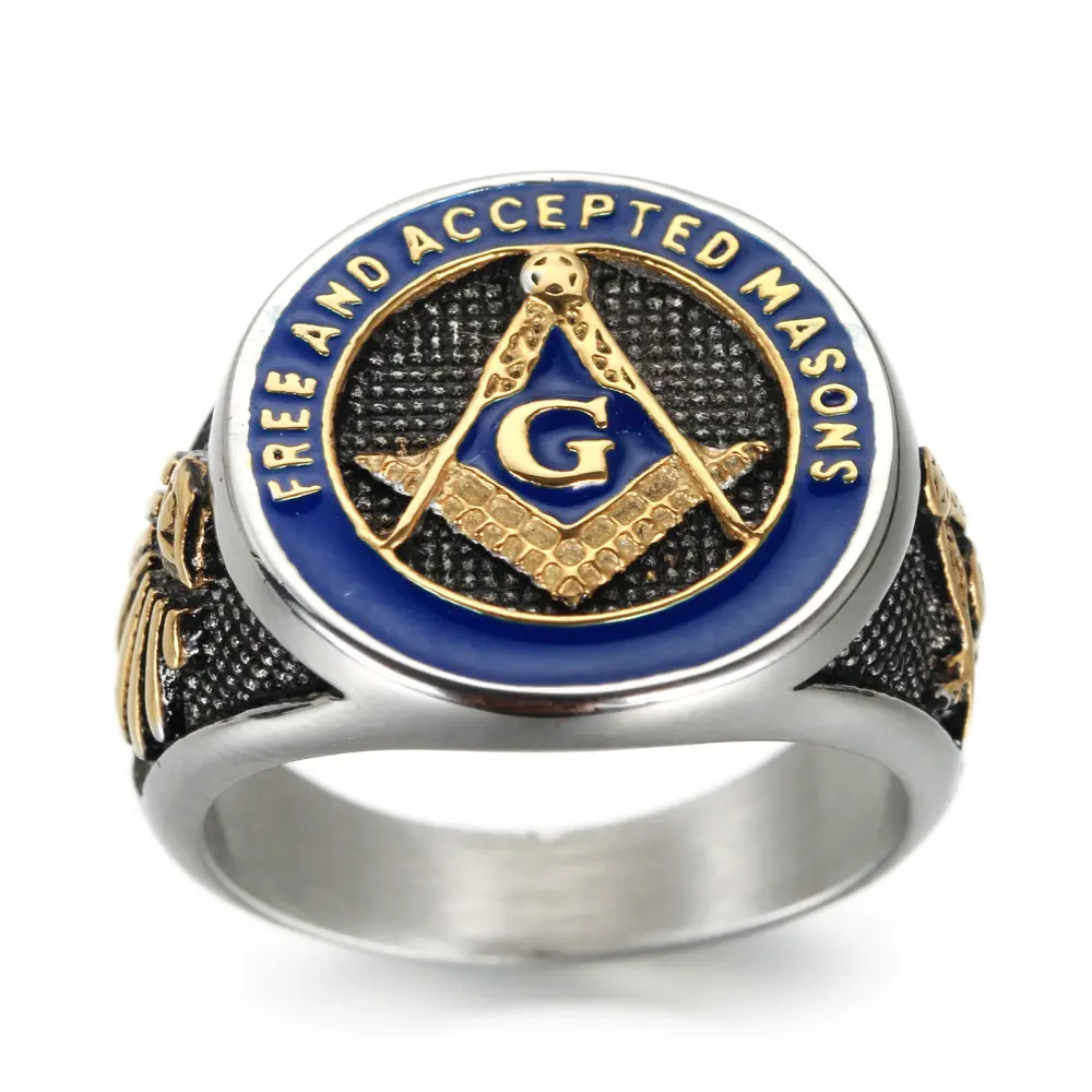 Cincin huruf baja tahan karat Masonik kustom cincin jari freemason biru Enamel berlapis emas dan perak