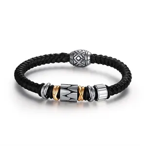 Custom Stainless Steel Men Beads Mens Leather Bracelet for Sale