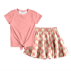 Conjunto de falda y camiseta de manga corta con nudo y estampado floral para niñas, ropa informal infantil. - Product Image 3