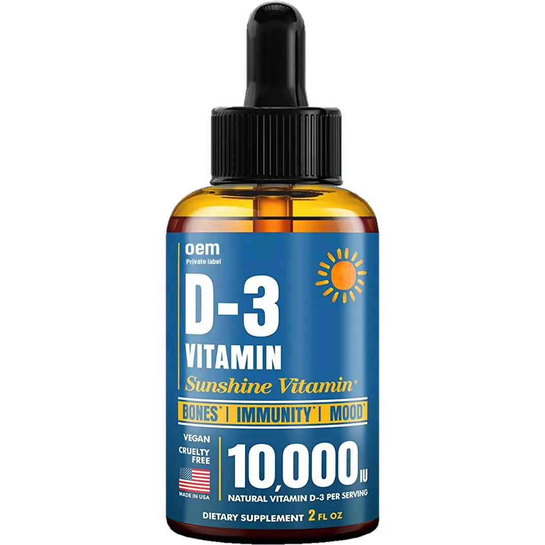 Private Label Vitamin D3 Tropfen Ergänzungen Vegan Liquid Vitamin D3 zur Immun unterstützung Gesunde Knochen Flüssige Vitamin D Tropfen