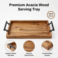 Plateau en bois d'acacia moderne avec poignée en métal, idéal pour le petit-déjeuner, la table de chevet, la table basse, ou comme plateau de service pour aliments naturels