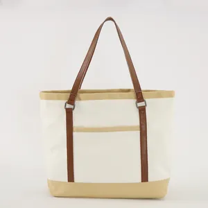 Custom Classic PU Leather Trim Women Ladies Natural Beige Big Beach Canvas Bag Customized Canvas Tote Bags With Front Pocket