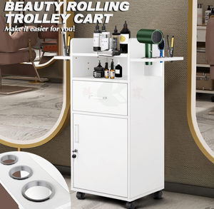Carrello da Salone in Legno Bianco con Armadietto, Ruote Girevoli <span class=keywords><strong>a</strong></span> 360 Gradi, 3 Cassetti, Portautensili Resistenti al Calore per Parrucchieri - Product Image 2