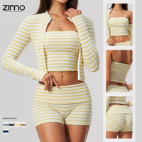 Ensemble de yoga 3 pièces OEM écologique côtelé rayé col montant manches longues short veste Spandex/Polyester respirant léger