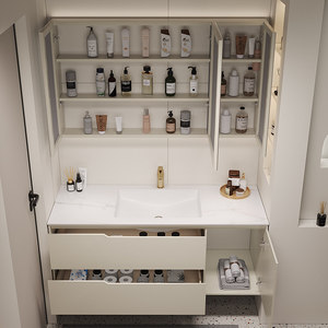 Modern Cream White Floating Bathroom Vanity Solid Wood Cabinet with Smart LED <b>Mirror</b> Integrated Sink - Product Image 4