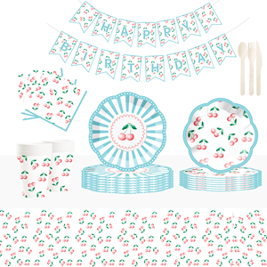 DAMAI Nuevo Juego de Vajilla Desechable con Diseño Personalizado de Frutas, Platos, Vasos y Servilletas de Papel Azules con Temática de Cereza - Product Image 1