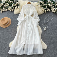 Robe longue élégante pour femmes, en dentelle, patchwork, manches longues, coupe évasée, décontractée, avec ceinture, boutonnée, pour tous les jours