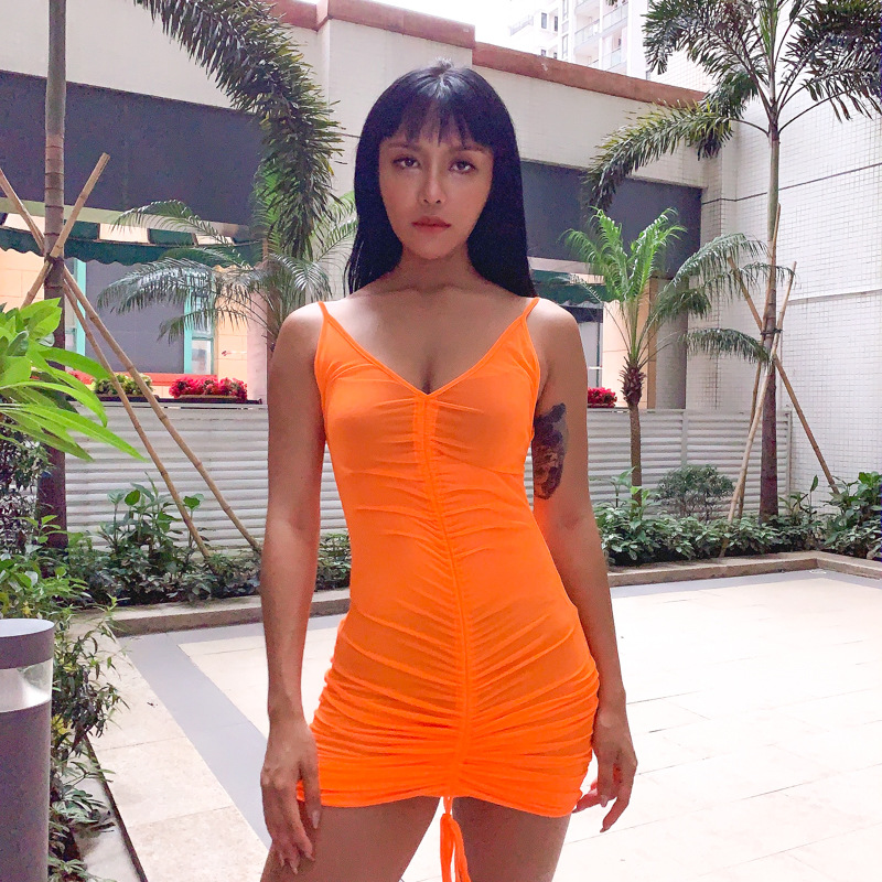 Прозрачное Сетчатое Плиссированное мини-платье без рукавов с v-образным вырезом и кулиской, сексуальные женские платья