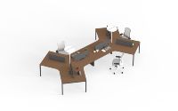 Poste de travail modulaire pour 6 personnes à 120 degrés avec finition chêne clair et cadre blanc pour espace de travail collaboratif
