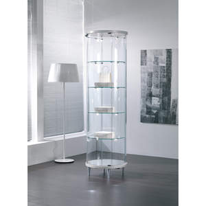 Vitrine ronde en verre trempé 56x190 cm, blanc brillant, gris clair, vitrine incurvée avec éclairage LED, étagères réglables - Product Image 1
