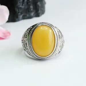 Adjustable Size Natural Amber Rings Silver Plated Brass Gemstones Zircon Rings Vintage Jewelry High Quality Amber Rings