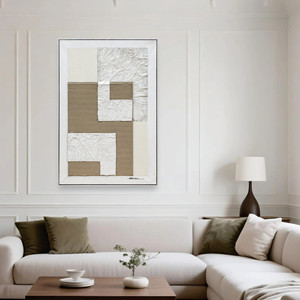 Collage texturé Art mural <span class=keywords><strong>Composition</strong></span> géométrique abstraite avec des tons beige blanc marron Mixed Media Landscape Oil Wall Decor - Product Image 1