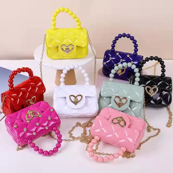 Wholesale girls small mini PVC kids purses handbags Pearls Handle And  Removable Metal Chain jelly bag From m.