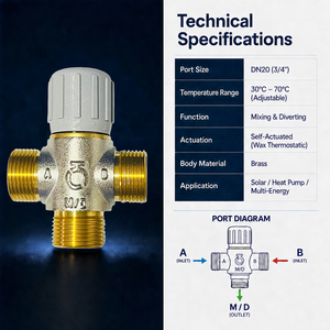 <span class=keywords><strong>Valvola</strong></span> Termostatica a 3 Vie DN20 in Ottone, Regolabile 30-70°C, Autoattuata, per Acqua, OEM - Product Image 4