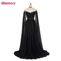 Robes pas cher Kaftan Abiye Robe De Soirée Noire Manches Longues Perlée Cristal Mousseline De Soie Robe Formelle Femmes Élégante Robe Robe