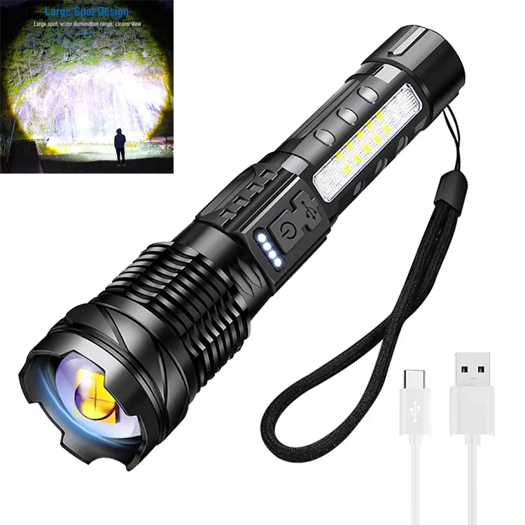 A76 20000 Lumen High Power Flashlight Side LED Red Light Work Lights Zoom Zoom Focus Rechargeable Hand Torch with Power Display