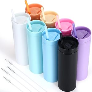 16oz Double Wall Plastic Tumbler Matte Skinny Straight <b>Cup</b> With Matching <b>Straw</b> <b>Lid</b> For Water Coffee Travel - Product Image 3