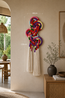 Art mural en corde de style bohème moderne |   Sculpture textile nordique |   Grande décoration murale en coton avec pompons pour salon, chambre à coucher, chambre d'enfant