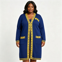 Vente en gros de cardigan long pour femmes en tricot bleu royal, personnalisé OEM ODM, broderie chenille, ouverture sur le devant, imprimé
