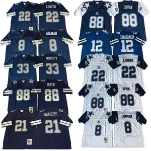 Maglie Vintage Dallas 33 Tony Dorsett 22 E.Smith 88 Irvin 8 Aikman maglia da calcio retrò cucita maglia da calcio blu Navy