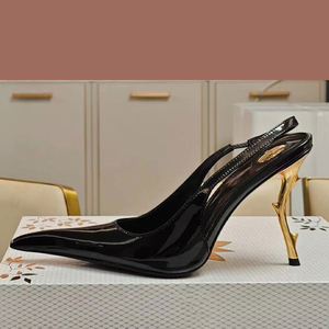 Sandalias de tacón de aguja doradas con correa trasera para mujer, de charol, con punta, estilo slingback - Product Image 2