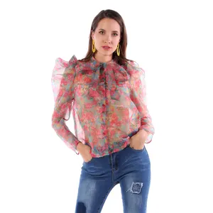 2020 Organza New Blouse Butterfly Puff Sleeve Blouse Sexy See through Fashion Lady Blouse