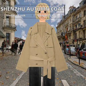 Chaqueta corta tipo trench para mujer, color caqui, doble botonadura, solapa con muescas, cinturón, epaulettes, bolsillos de parche, estilo utilitario - Product Image 2