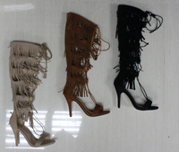 Bottes de cow-boy en daim pour femmes, chaussures à franges à lacets et franges, chaussures à talons hauts de marque, sandales à talons