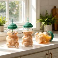 Bouteille d'eau en verre sodocalcique isolée résistante à la chaleur SUNPRO TS-133 Little Bear avec couvercle à paille, design moderne et minimaliste, Noël