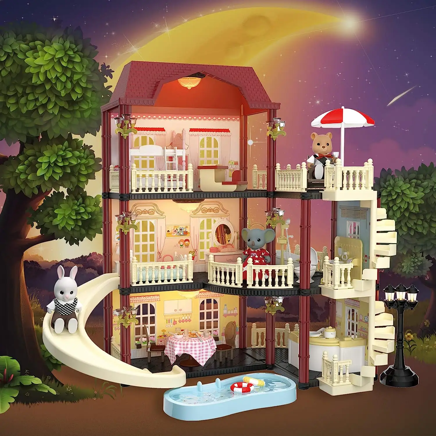 Kit casa delle bambole Villa di lusso assemblaggio fai-da-te con mobili in miniatura Slideside per bambini Set di giocattoli casa dei sogni per ragazze