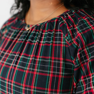 Vestido <span class=keywords><strong>Midi</strong></span> <span class=keywords><strong>de</strong></span> Otoño para Mujer, Diseño Personalizado, Estampado a Cuadros Rojos, Casual, Manga Corta, Cuello Elástico con Volantes, Estilo Línea A, Fluido, 3 Capas, Algodón y Poliéster - Product Image 4