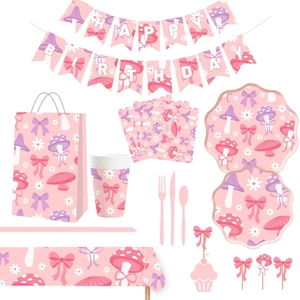 Juego de Vajilla Personalizado DAMAI para Fiesta de Cumpleaños de Niña, Plato y Vaso de Papel con Lazo Rosa y Diseño de Champiñón - Product Image 1