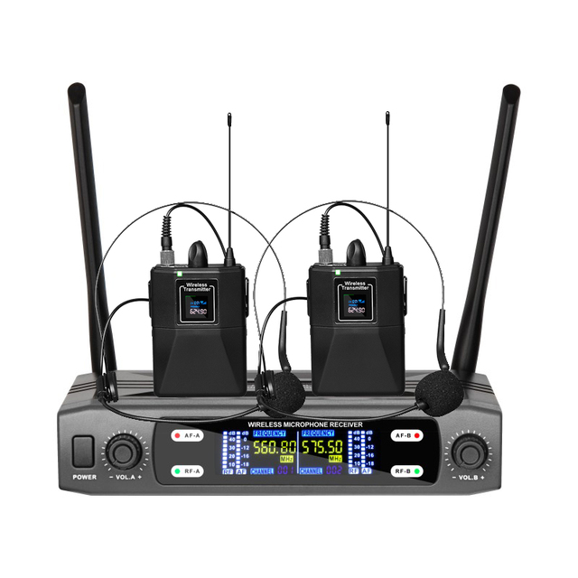 Professional 2-channel Cardioid Dynamic XLR Portable Wireless Head Mounted Microphone System Noise Cancelling Function for Home