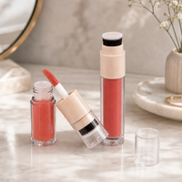 Gloss à lèvres liquide brillant avec applicateur éponge, tubes fins transparents, bandes roses, nuances rouge corail et rouge baie, vente en gros, OEM, logo personnalisé