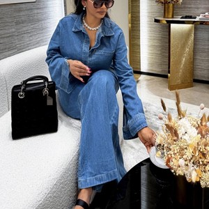 Neue Damen Langarm Revers Tasche Top Krawatte Straight Pants Denim <span class=keywords><strong>2</strong></span>-teiliges Set Sehe Fashion - Product Image 4