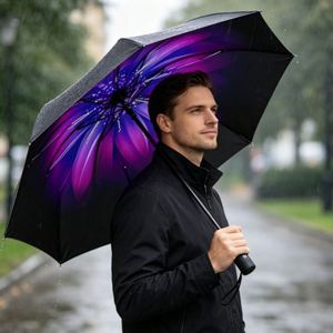 Parapluie de voyage portable élégant à motif floral violet, pliable en 3 sections, imperméable, coupe-vent, protection contre la pluie et le soleil - Product Image 4