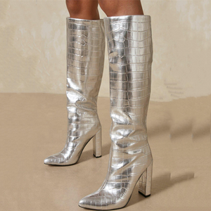 Trendy Gold Silver Shoes <b>Boots</b> High Chunky Heel Knee High <b>Boots</b> for Women Stone Print Slip-on Size 43 - Product Image 4