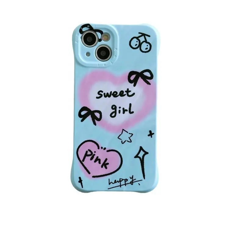 Cartoon Mode Plissee Blue Bottom Smudged Love Bow 2 In 1 Handy zubehör Cover Case Für iPhone 11 12 13 14 15 Pro Ma