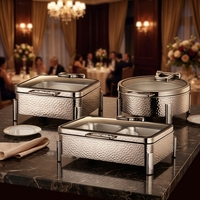 Conteneur de buffet rectangulaire argenté 6L/9L avec dessus en verre résistant à la chaleur, finition mate martelée, et pieds robustes