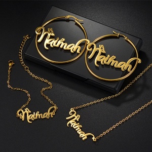 Wholesale <b>Custom</b> Stainless Steel 18K Gold Plated <b>Name</b> <b>Necklace</b> Bracelet Earring 3IN1 Hoop Set Personalized Birthday Gift - Product Image 1